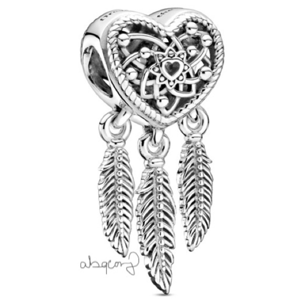 Pandora 799107C00 Sterling Silver Heart & Three Feathers Dreamcatcher Charm EUC